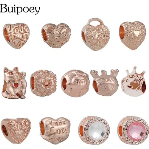 Buipoey New Rose Gold Heart Beaded Lucky Cat Charm Fit Diy Bracelets Original Round Crystal Beads Bangles Jewelry Accessories