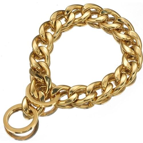 Gold Dog Chain 13/15MM Heavy Duty Choke Cuban Chain Dog Collar Stainless Steel Strong Links Slip Chain Training Collar 12-32inch