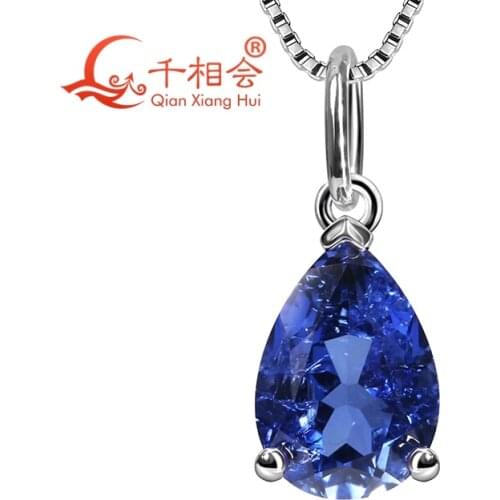 925 silver pear shape 7*10mm blue color Artificial sapphire with inclusions main stone Jewelry for Pendant Necklace