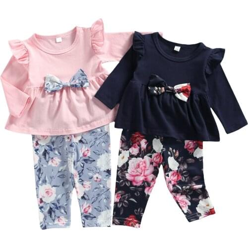 Toddler Infant Girl’s T-shirt and Trousers Suit Fashion Solid Color Bow Long Sleeve Tops and Flower Long Pantss