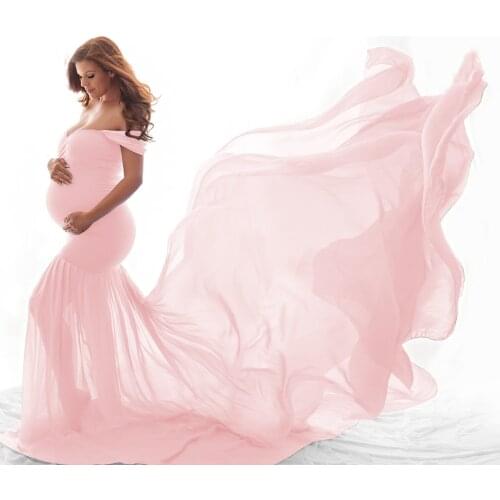 Lace Chiffon Women Pregnants Maternity Dress Photography Props Off Shoulder Sleeveless Maternity Solid Dress for Photo Shoot