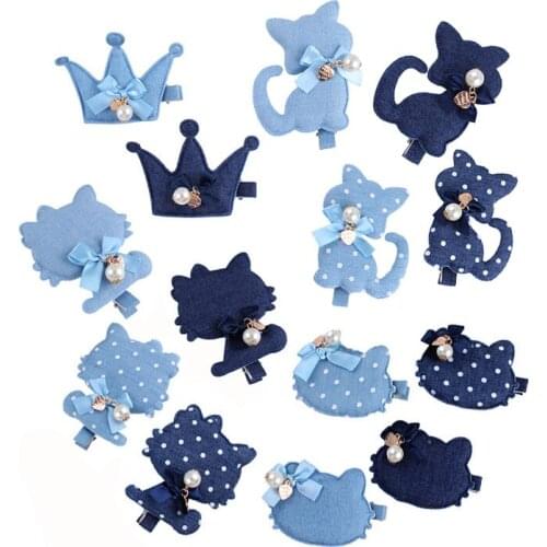 Cute Kids Crown Hair Clips Pearl Animals Alligator Clips for Children Denim Hairpins Wholesale Fashion Girls Hair Accessories