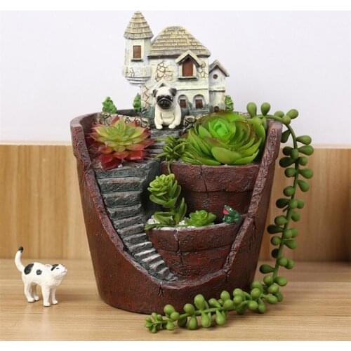 Cartoon Castle Succulent Vases Figurines Ornaments Stairs Plants Flower Pot Artware Creative Gift Home Decor Free Shipping