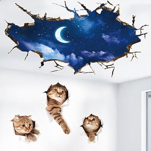 Night Moon Cats 3D Wall Stickers Fashion Sky Home Decor for Kids Room Creative Hole View Wall Decals Bedroom Decoration