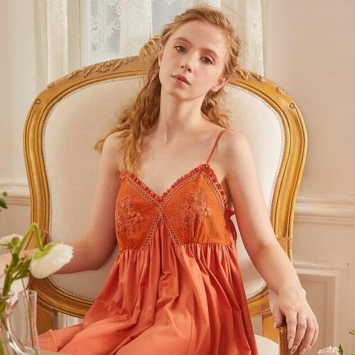 Fashion Cotton V-neck Embroidery Sexy Womens Nightgowns Sleeveless Nighty Solid Color Soft Comfortable Nightwear Home Clothes