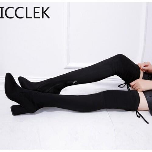 2020 New Flock Leather Women Over The Knee Boots Lace Up Sexy High Heels Autumn Woman Shoes Winter Women Boots