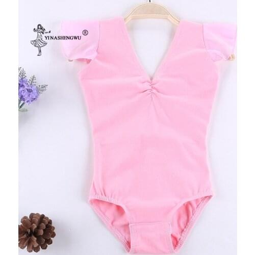 New Girls' Gymnastics Leotards for Dance Ballet With Flying Ruffle Short Sleeve V-neck Pink Chiffon Ballet Performance Costume