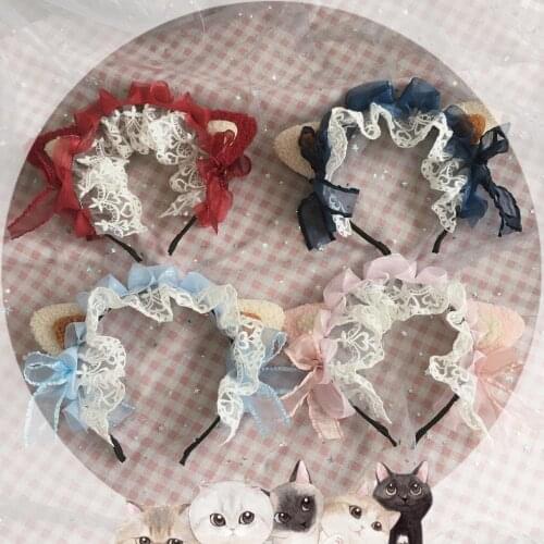Lolita Cat Ear KC Kawaii Hair hoop Hair Accessories Young Girl Daily Soft sister Lace Hair band Handwork Hair Ornaments Cosplay