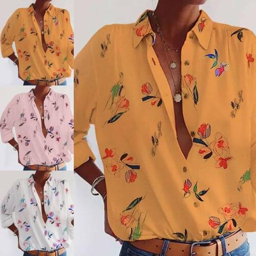 S-5XL 2021 French Womens Casual Foral plant Printed Long Sleeve Shirt Fashion Button Loosen Tops Large size womens clothing F4