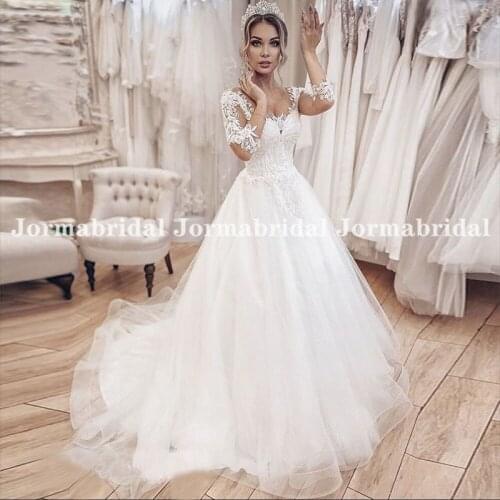 Vintage White Lace Appliques Wedding Dress 3/4 Length Sleeves Sheer Neck A Line Corset Bridal Dresses For Women Vestido De Noiva