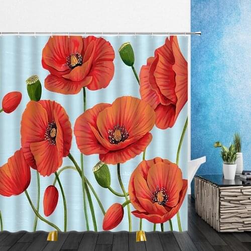 Cartoons Shower Curtains Flowers Red Tulip Pink Rose Flower 3D Print Bathroom Home Decor Waterproof Polyester Cloth Curtain Set
