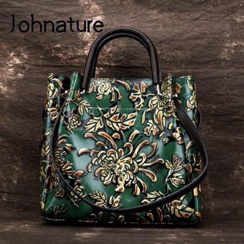 Johnature Vintage Genuine Leather Embossing Women Bag 2021 New High Quality Cowhide Handbag Floral Shoulder & Crossbody Bags