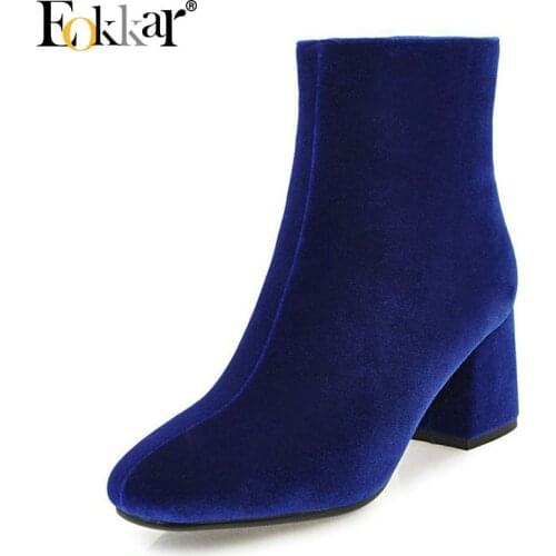 Eokkar 2020 Winter Boots Velvet Square Toe Women Ankle Boots Square High Heel Zipper All Match Royal Blue Lady Boots Size 34-43