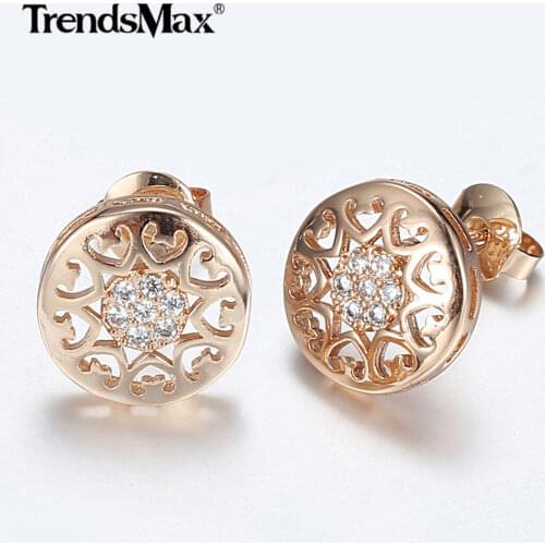 Trendsmax New Cut Out Earrings for Women Girls 585 Rose Gold Cubic Zircon Round Heart Shaped Stud Earrings Fashion Jewelry GE277