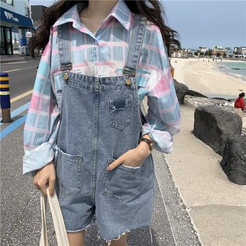 Large Size Short Denim Overalls Women Denim Suspenders Summer 2021 Loose Womens Straight Leg Wide Leg Suspender Shorts Jumpsuit