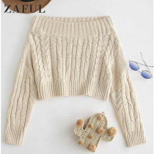 ZAFUL Women Off Shoulder Sweaters Long Sleeve Chunky Cable Knit Crop Sweater Pullover Ribbed Trim Fall Fashion Top 2020