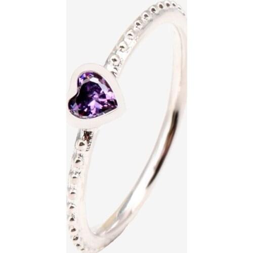 925 Sterling Silver Pan Ring Shiny Heart Purple With Crystal Ring For Women Wedding Party Gift Fashion Jewelry