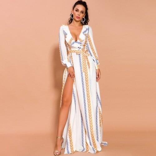 Women Summer Beach Dress 2021 Women Sexy Deep V Neck Long Sleeve Sashes Print Dress High Split Casual Loose Long Maxi Dresses