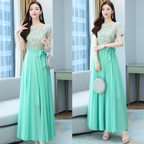 Lace Stitching Chiffon Dress Woman 2021 Short Sleeve Temperament Fashion Elegant Long Dress Trend Floral Patchwork Robe zh1243