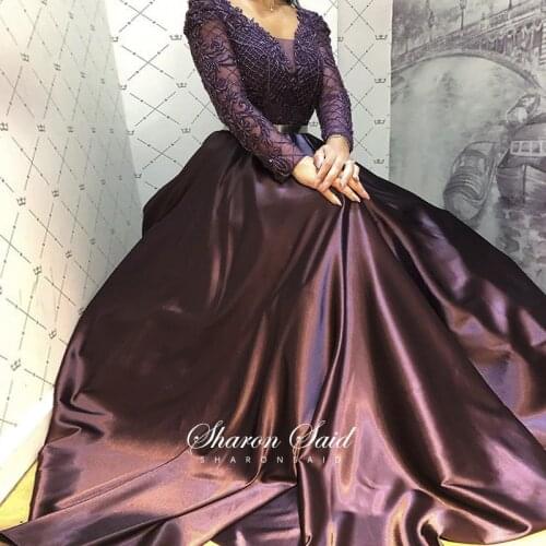 Sharon Said Elegant Purple Long Sleeve Evening Dress Muslim Women Wedding Party Gowns Gold Belt Plum Arabic Prom Formal Dresses