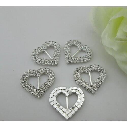 10pcs double heart silver rhinestone ribbon slider buckle 10mm