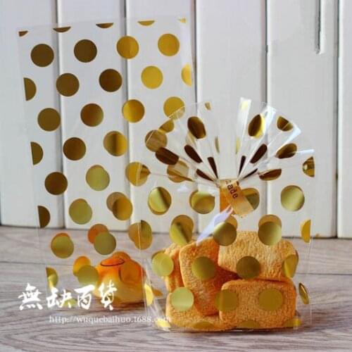 100pcs Gold Foil Polka Dot Open Top Cellophane Bags Cookie Bags Wedding Candy Bags Gift Opp Bags Food Packing Party Favors