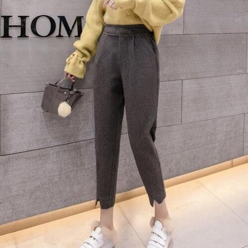 2020 Autumn Winter Women Woolen Pants High Waist Pencil Harem Pants Fashion Female Elastic Waist Plus Size Casual Pants S585