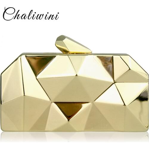 Chaliwini Top Quality Black Hexagon Female Metal Purses Luxury Silver Box Handbags Women Gold Designer Evening Bags 3 Colors