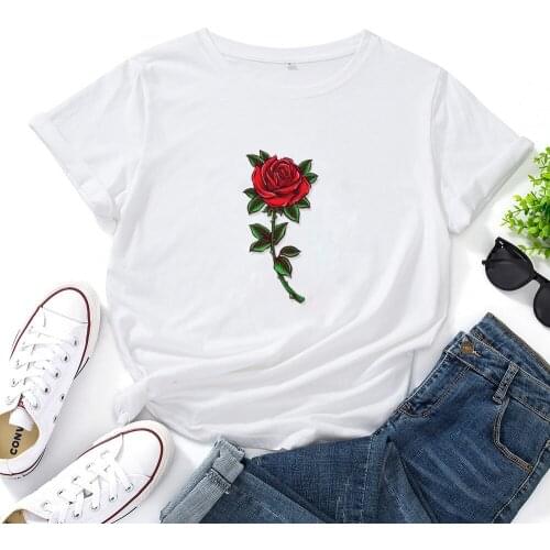 Red Rose Graphic Tees Women Fashion Harajuku T-shirts Women O-neck Loose T Shirt Women Cotton Short Sleeve Tee Shirt Femme