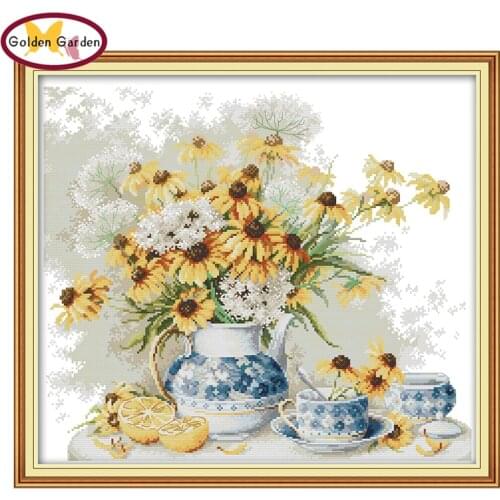 GG Daisies and Porcelain Cross Stitch Patterns DIY Kits 14CT11CT Chinese Needlework Embroidery Sets Cross Stitch for Home Decor