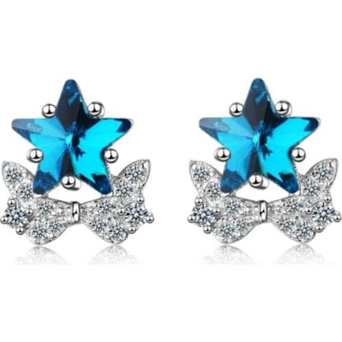 Blue geometric five-pointed star Korean style simple wild artificial crystal silver plated stud earrings WE016