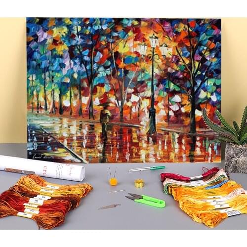Oil Painting Style New Park Printed Water-Soluble Canvas 11CT Cross Stitch Set Embroidery DMC Threads Sewing Wholesale