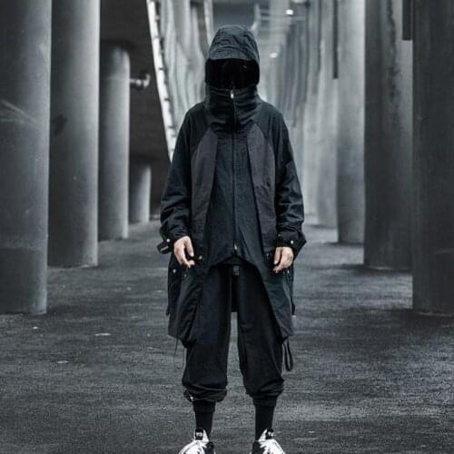 Techwear Streetwear Hip Hop Hoodie Jacket Men Black Loose Oversized Sport Harajuku Punk Multi Pockets Casual Tactical Long Coat