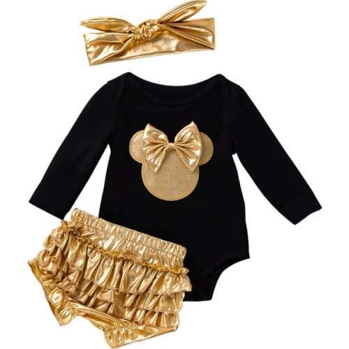 New Baby Long Sleeve Clothes Black Cotton Rompers Golden Ruffles Baby Girls Tutu Skirt Shoes Headband Newborn Sets Gift