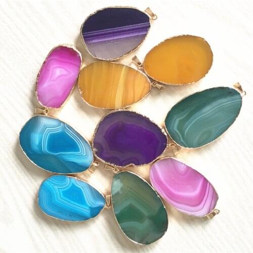 New Golden Edging 5PCS Natural Stone Green Yellow Rose Red Lake Blue Agates Purple Charms Pendants Slice Irregular for Necklace