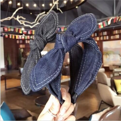 Fashion Hair Accessories Women Denim Bow Headbands Side Rabbit Ears Knotted Hairband Wild Girl Cute Face Wash Hair Hoop Headwear