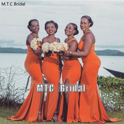 Orange Mermaid Bridesmaid Dresses One Shoulder Side Slit Long Wedding Party Dress For Maid Of Honor African Best Women Gowns
