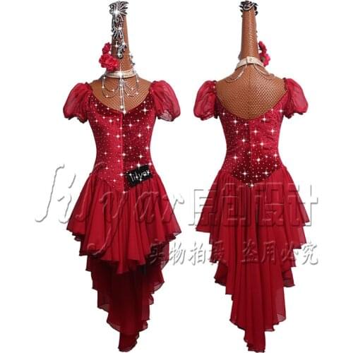 Latin Dance Dress Latin Skirt Competition Dress Costumes Performing Dress Practice Skirt Customize Adult Kids Lady Wine pleated