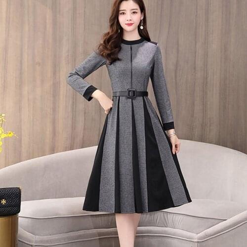 Women thick little plaid patchwork hem dresses Autumn Winter Vintage slim Knee-Length dress female Korean A-line belts dresses