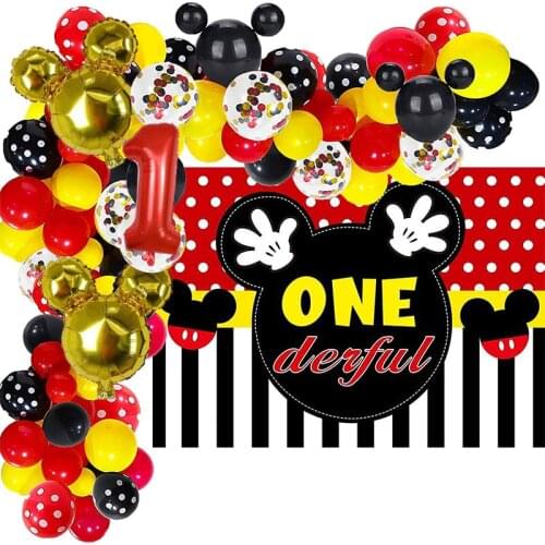 Mickey Minnie Mouse party Baby Shower 1 2 3 years princess girl Balloon Cartoon Globos red black yellow mouse head photo props