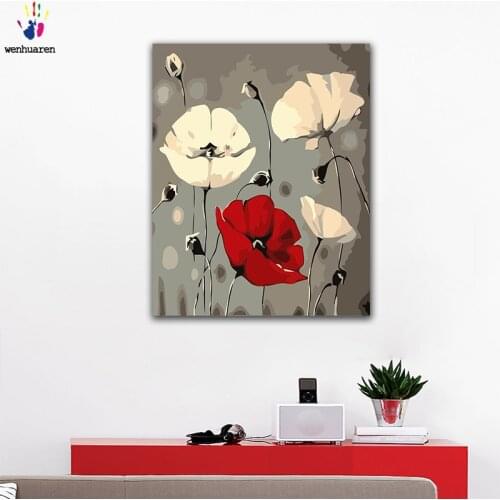 DIY colorings pictures by numbers with colors Red white poppies view picture drawing painting by numbers framed Home