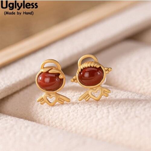 Uglyless God of Love Eros Cupid Asymmetric Earrings for Women Heart LOVE Gifts for Sweet Girlfriends Real 925 Silver Agate Studs