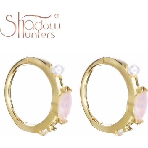 SHADOWHUNTERS Authentic 925 Sterling Silver Pink Crystal Leaf Pearl Huggies Hoop Earrings Women Vintage Piercings Femme Mujer