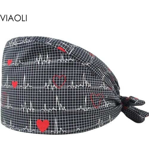 Scrubs caps Beating heart print Scrubs Hats lab hat High Quality adjustable Scrubs caps beauty salon work caps Tieback Cotton