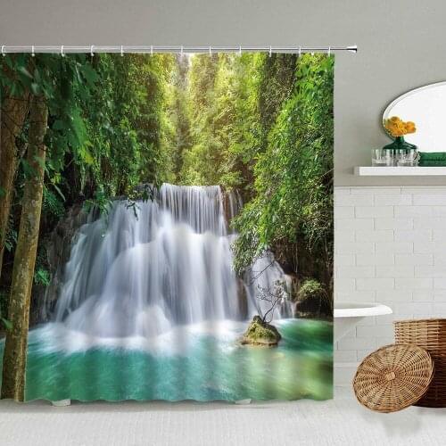 Waterfall Scenery Waterproof Shower Curtain Forest Trees Spring Bathroom Wall Decoration With Hook Set Toilet Partition Screen