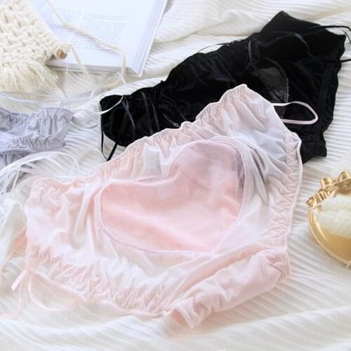 Japanese Wooden Ears with Hollowed Love Ice Silk Panties Lolita Solid Color Ribbon Mid-waist Womens Briefs Cute panties sexy