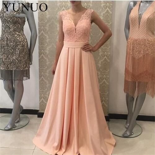 YuNuo New Sheer Lace Evening Dresses Long with Lace Sleeveless V-Neck Satin Formal Evening Party Dress for Women Custom Made N53