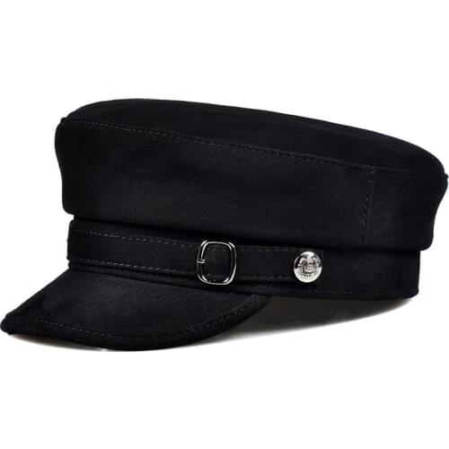 South Korean Fashion ACC Unisex Genuine Leather Suede Flat-topped Militar Hats Men Women Navy Caps Student Street Black Gorra