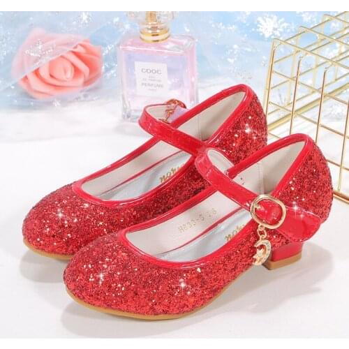 Kids High Heel Shoes Girls Leather Shoes Flower Casual Pink Glitter Children 2021 Girls Shoes Butterfly Knot Size 26-38