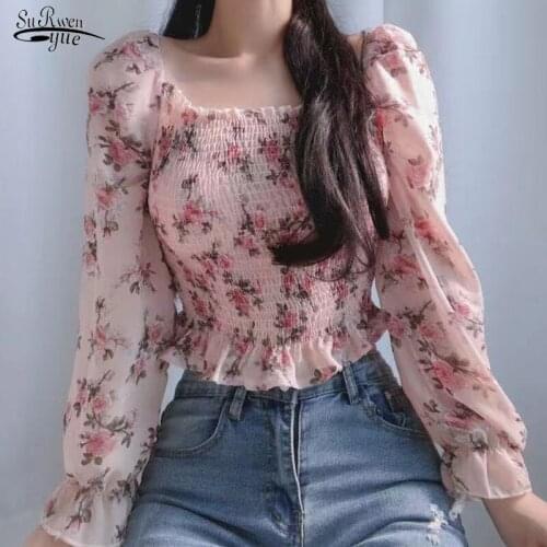 2021 Autumn Retro Woman Blouse Floral Korean Sexy Lady Shirt One-shoulder Long-sleeved Chiffon Shirt Female Camisas Mujer 15764